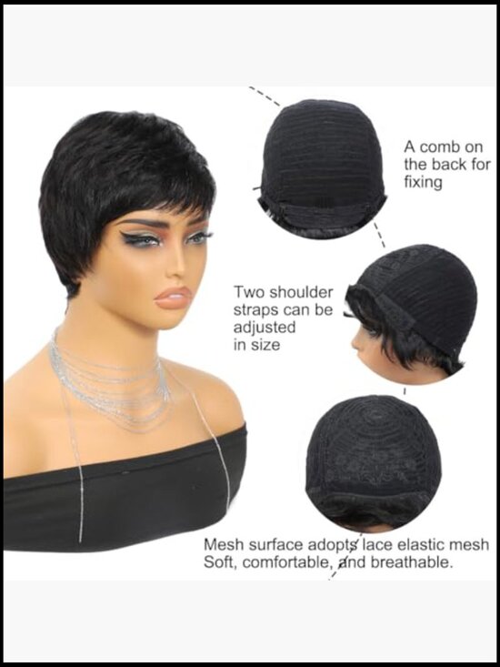 Short Straight Human Hair Pixie Cut Wig With Bangs Full Machine Made Wig main image 5